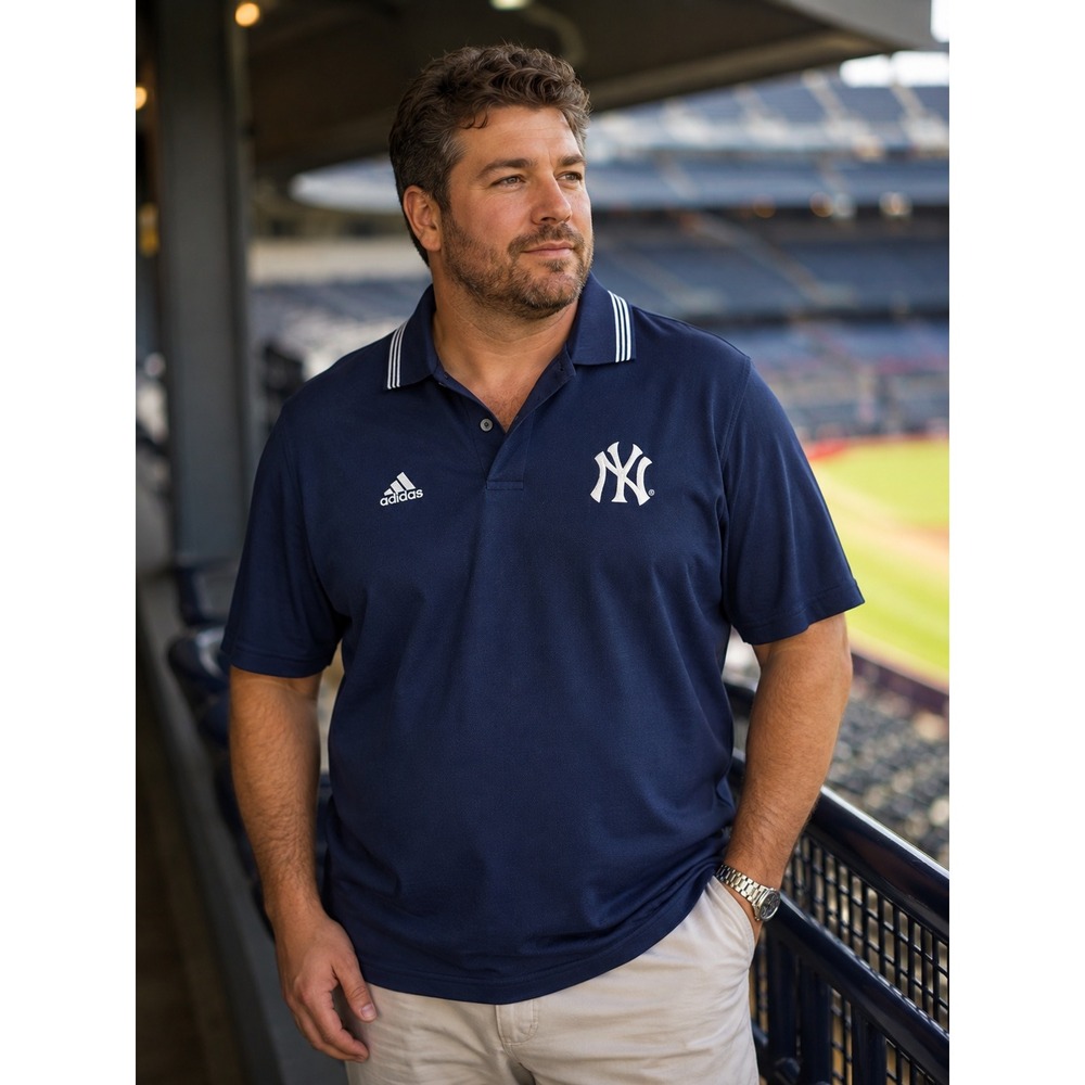 Adidas NY Yankees Polo XXL Navy Blue Embroidered Logo Striped Collar MLB #1489